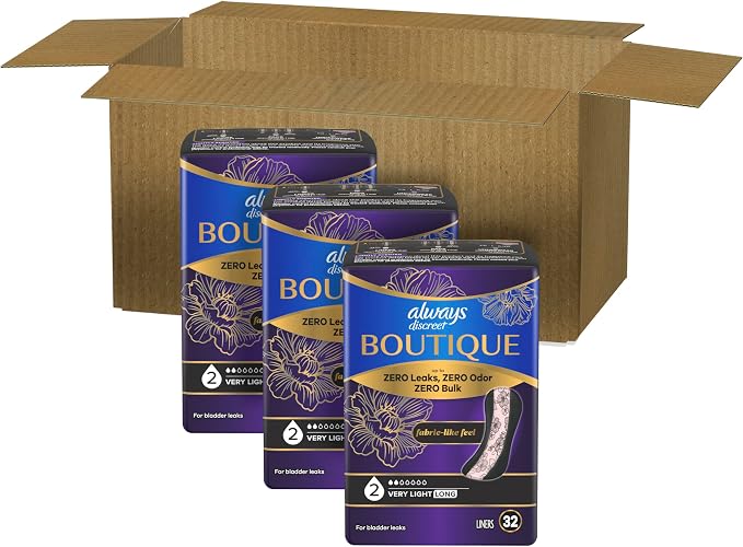 Always Discreet Boutique Incontinence Panty Liners for Bladder Leaks, Size 2, Very Light Absorbency, Long Length, 96 Count (Pack of 2)