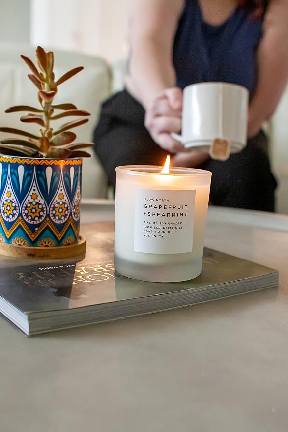 Slow North Grapefruit + Spearmint - Essential Oils and Pure Soy Wax Candle in a Reusable Frosted Glass Jar - Scented Candle Hand-Poured in the USA (8 oz)