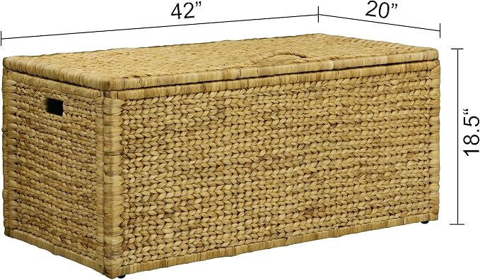 Water Hyacinth Bedding Storage Trunk, Natural, 42x20x18.5 | 2 Safety Hinges, Extra Large, Metal Frame, Wicker Blanket Chest, Decorative Storage Box