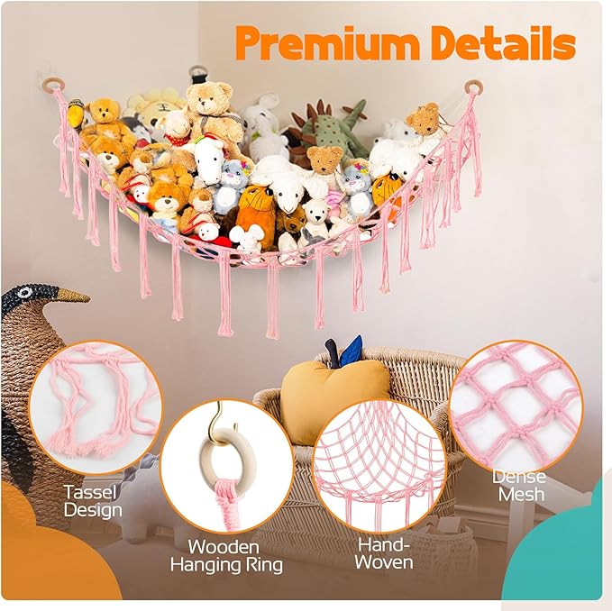 Stuffed Animal Storage Hammock Large Toy Storage Net Stuff Animal Hanging Organizer Holder for Plush Plushie Included Anchors & Hooks Teddy Bear Storage Boho Room Decor