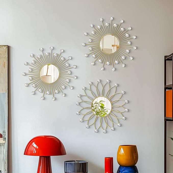 3 Pack Metal Mirrors for Wall Sunburst Wall Mirrors Home Décor Decorative Hanging Wall Art for Living Room Bedroom Entryway (Gold2 Crystal, Flower+Sunburst)
