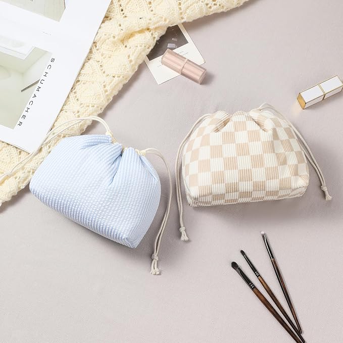 Cotton Quilted Seersucker Makeup Bag with Canvas Lining,Coquette Aesthetic Cute Travel Toiletry Bag,Drawstring Gift Bag for Women and Girls（Seersucker）
