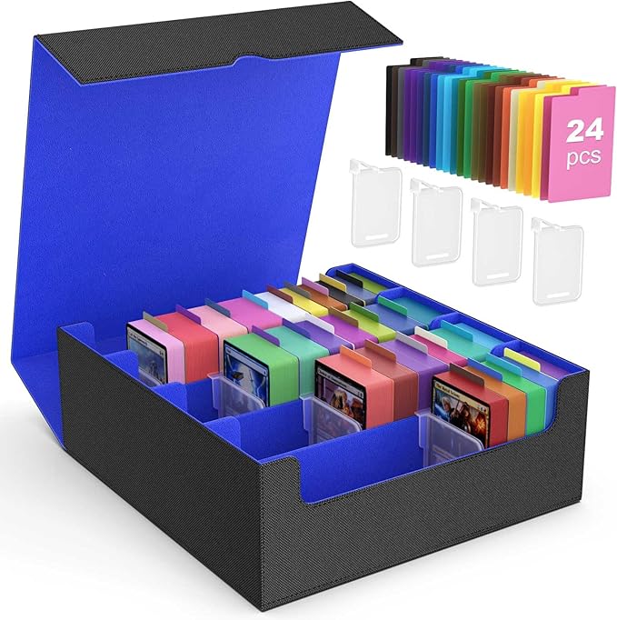 MoKo Trading Card Storage Box, 3000+ MTG Deck Box with 24 Colorful Dividers & 4 Card Supporters, Commander Card Deck Case Fits for Magic Game Cards, YugiOh, TCG, PTG and Sport Cards, Black Blue