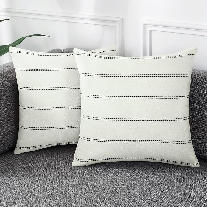 Pack of 2 Farmhouse Stripe Check Throw Pillow Covers Set Case Cotton Linen Decorative Pillowcases Cushion Cover for Couch Bench Sofa 26x26Inch Cream