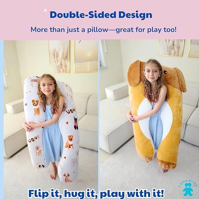Dog Kids Body Pillow - 47" U-Shape Long Plush Soft Animal Pillow for Toddlers, Sleeping, Reading, ADHD & Special Needs Comfort, Anxiety, Washable Cover, Snuggle Fun Cuddle for Boys & Girls