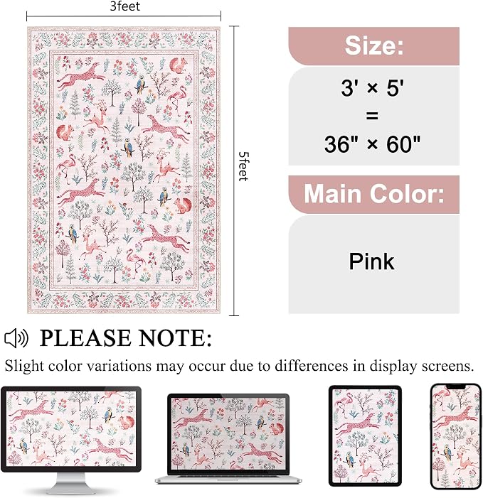 DUKINO 3x5 Rug, Washable Animal Area Rug for Bedroom Non Slip, Pink | Low Pile, Stain Resistant, Soft Indoor Carpet for Living Room, Kitchen, Dining Room, Nursery, Lightweight, Pet Friendly