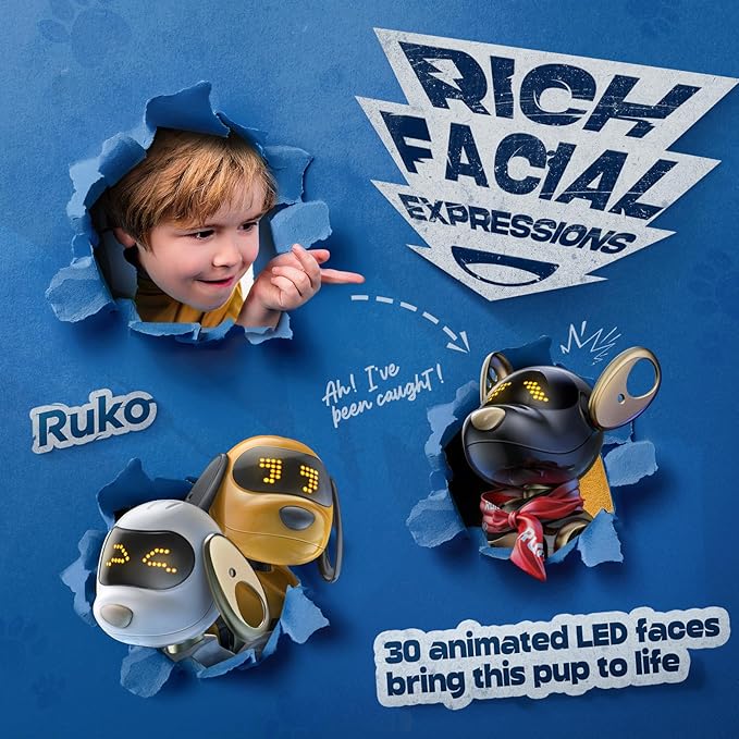 Ruko 18011 Robot Dog Toy, Smart Interactive Puppy with 30+ LED Faces, Remote & Gesture Control, Programmable Electronic Pet for Kids Ages 3–8, Black & Gold