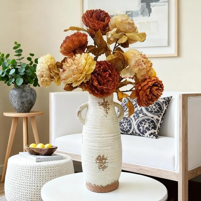 Ceramic Flower Vase with Handles, 12.3 Inch Tall Vase for Centerpieces, Large Decorative Terracotta Vases, Farmhouse Rustic Vases for Home Decor, Living Room, Table, Neutral