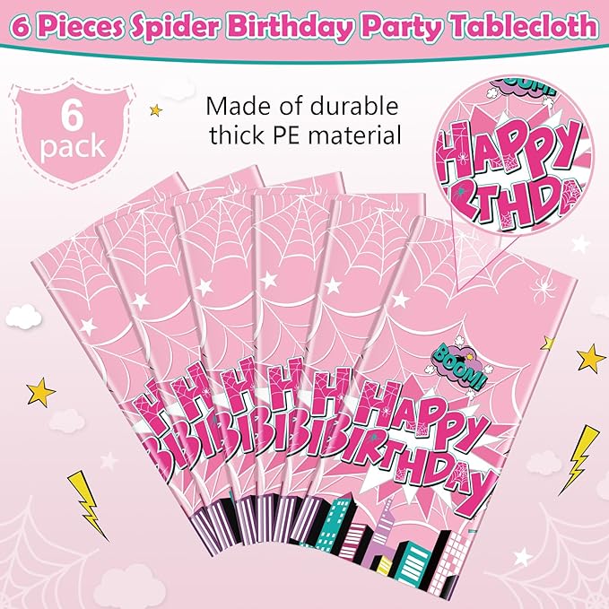 6Pcs Spider Birthday Party Tablecloths, Disposable Plastic Cartoon Spider Tablecloth Pink Hero Table Cover for Rectangle Table Girl’s Birthday Party Supplies, 54x108 inches
