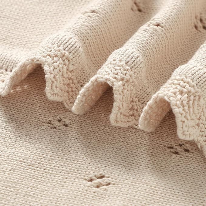 mimixiong Cotton Baby Blanket Knitted Crochet Receiving Crib Nursery Swaddling Blankets for Newborn Baby Boy Girl 30x40 Inch (Oatmeal)