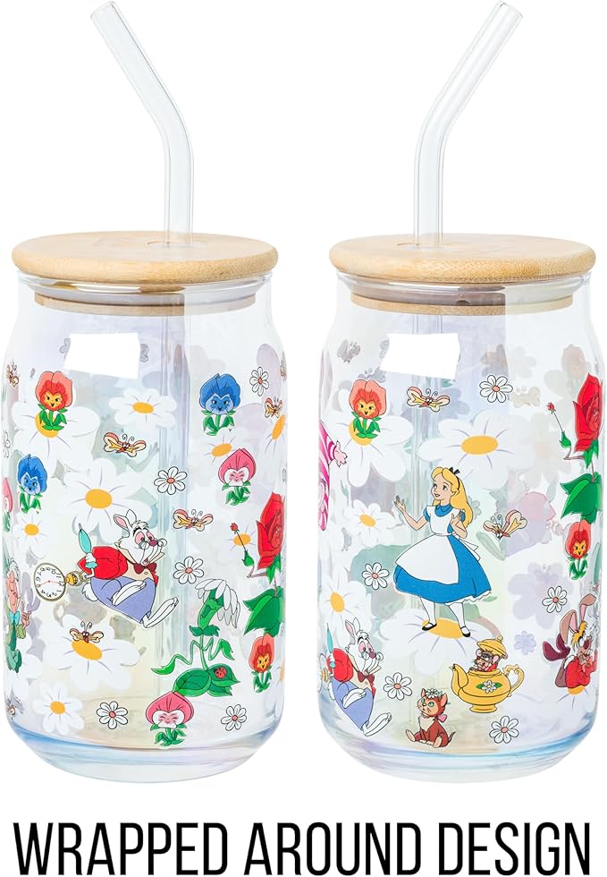 Silver Buffalo Disney Alice in Wonderland Wild Flower Glass Tumbler with Bamboo Lid and Glass Straw Featuring Alice, White Rabbit, Cheshire Cat, Dinah, Dormouse, and March Hare, 16 Ounces