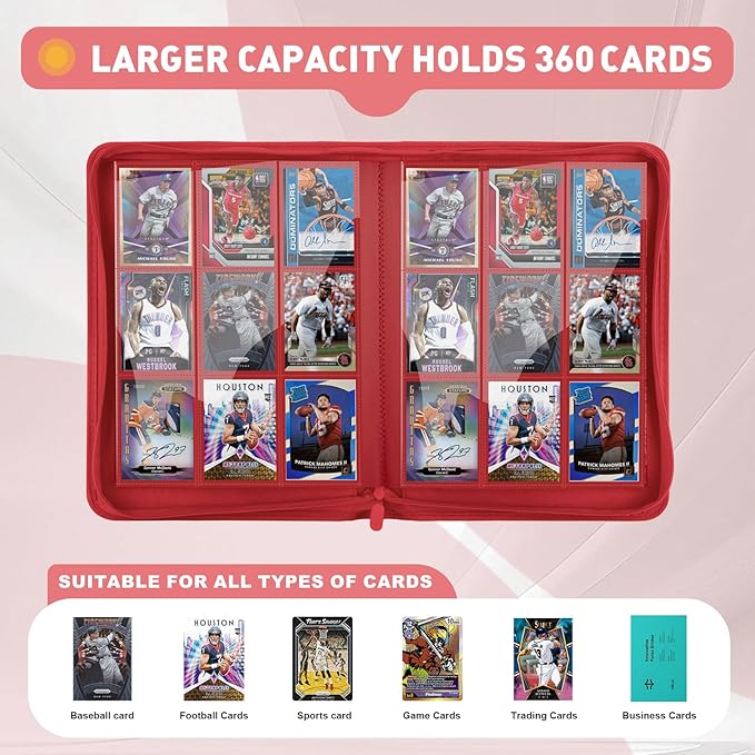 Trading Card Binder 9 Pocket, 360 Pockets Double-Sided Card Album, Premium PU Leather Zipper Card Holder for MTG, TCG, Sports & Game Cards, Must-Have for Collectors（Red）