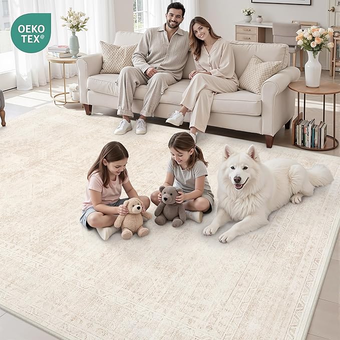 10x12 Area Rugs for Living Room: Vintage Boho Neutral Washable Rug Indoor Soft Large Area Rug Carpet for Bedroom Nursery Farmhouse Dining Room Office Floor Non-Slip Low Pile Under Table Rug Beige