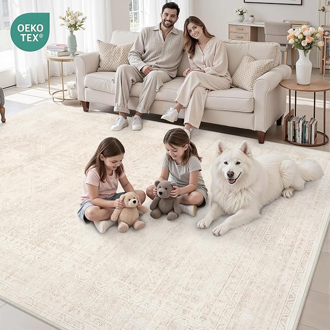 4x6 Area Rugs for Living Room: Vintage Boho Neutral Washable Rug Indoor Soft Large Area Rug Carpet for Bedroom Nursery Farmhouse Dining Room Office Floor Non-Slip Low Pile Under Table Rug Beige