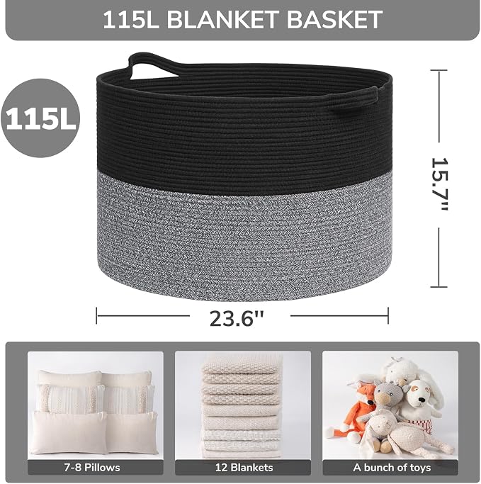 INDRESSME 115L Extra Large Woven Rope Blanket Basket Living Room Black Grey | 23.6" x 15.7" Storage baskets for toys laundry & pillows. Fits living room, bedroom or nursery décor. Soft-touch with handles