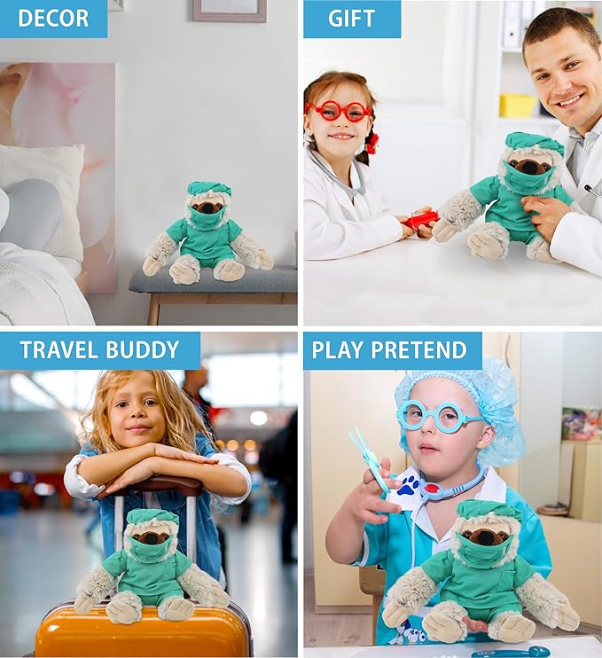 DolliBu Sloth Doctor Plush Toy - Super Soft Sloth Doctor Stuffed Animal Dress Up with Cute Scrub Uniform and Cap Outfit - Fluffy Doctor Toy Plush Gift - 7.5 Inches