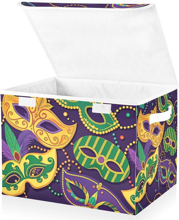 Mardi Gras Mask Storage Bins with Lids and Carrying Handle,Foldable Storage Boxes Organizer Containers Baskets Cube with Cover for Home Bedroom Closet Office