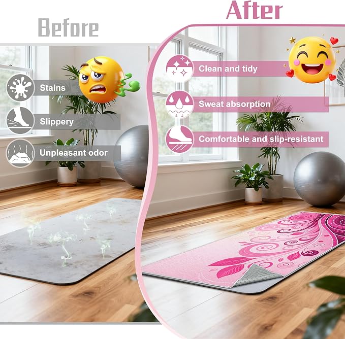 Hot Yoga Towel Non Slip, Ultra-Absorbent Yoga Mat Towel, Soft with Printed Design, Machine Washable, Yoga Pilates Towel Suitable for Exercise, Pilates, Yoga, 72x27in,Pink Plants