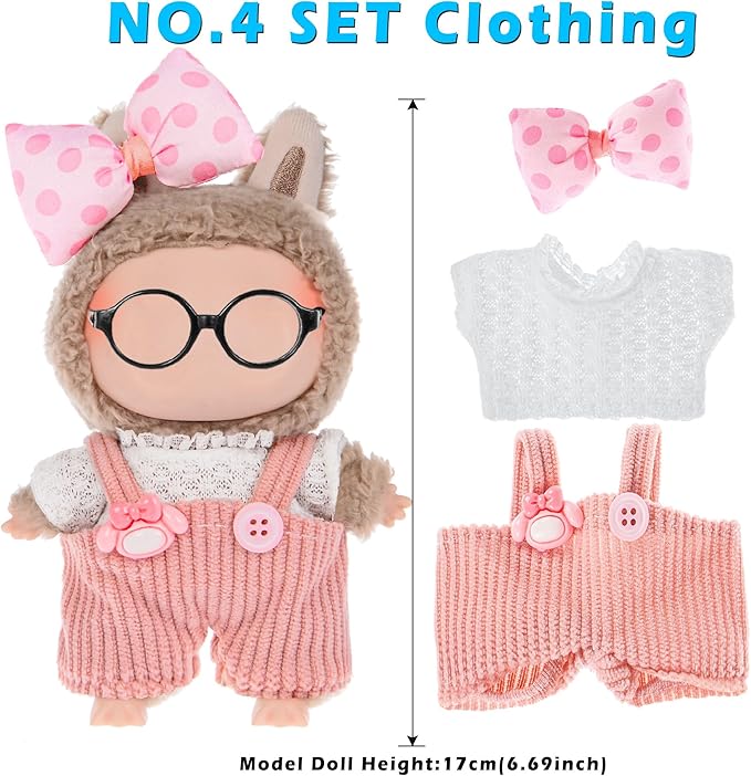 6 Sets Kawaii Doll Clothes for 17cm Plush Dolls - Dress Up Doll Clothing Set Replacement Fashion Outfit Collection with Hats & Accessories, Fits 6.7 Inch Mini Dolls (No Doll No Glasses)