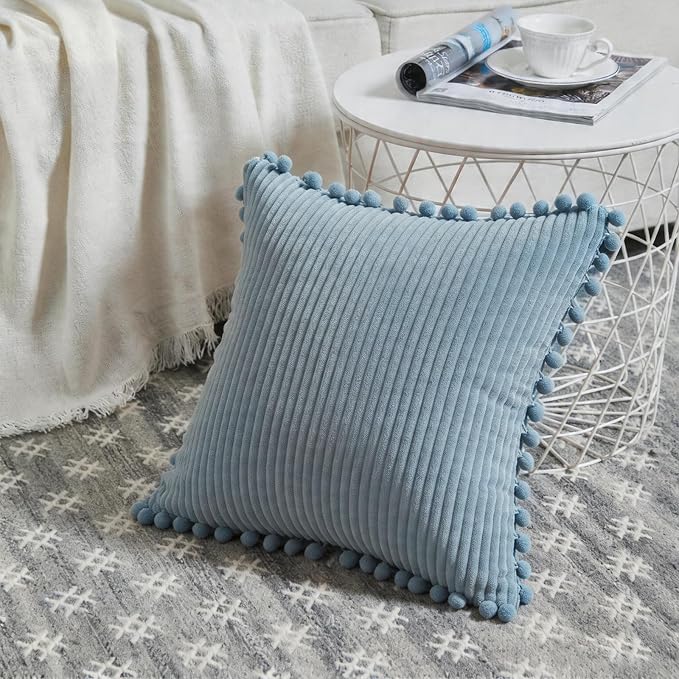 Fancy Homi Set of 2 Light Blue Decorative Throw Pillow Covers 22x22 Inch with Pom-poms, Soft Corduroy Solid Square Baby Blue Cushion Case for Couch Sofa Bedroom Car Living Room 55x55 cm