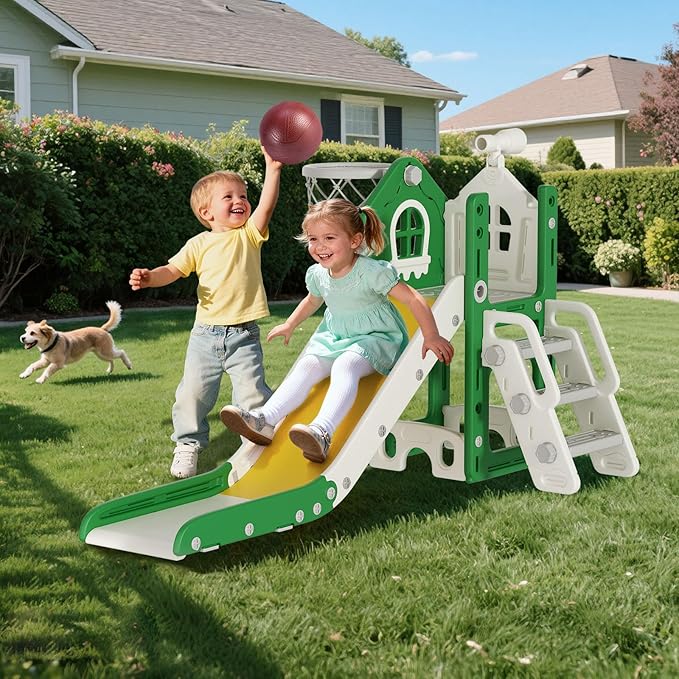 BIERUM 6 in 1 Toddler Slide - L-Shaped Baby Slide for Toddlers Aged 1-3 with Basketball Hoop, Telescope Toy and Anti-Slip Pads, Indoor Outdoor Toddler Playset, Green Yellow