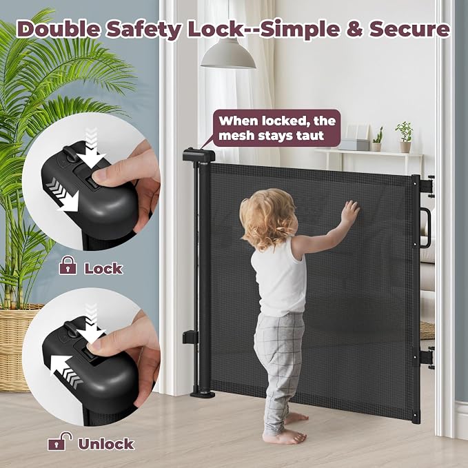 76" Retractable Baby Gates Extra Wide, Mesh Long Dog Gate for Wide Openings, Indoor Outdoor Stair Gate for Doorways Hallways Deck Porch, Child Pet Safety Essentials for Home, Black
