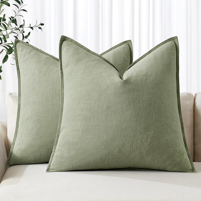 MIULEE Decorative Linen Pillow Covers 18x18 Inch Sage Green | Boho Farmhouse Neutral Couch Throw Pillows for Bed, Pack of 2 Accent Modern Pillowcases, Sofa Livingroom Home Decor