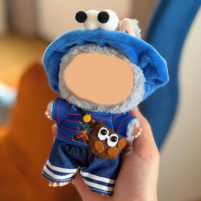 Doll Clothes Set for 15cm/17cm Dolls Outfit Accessories, Blue Headband + Blue Short-Sleeved Shirt + Blue Jeans + Brown Cartoon Crossbody Bag + Clothes Hanger (No Doll Included)