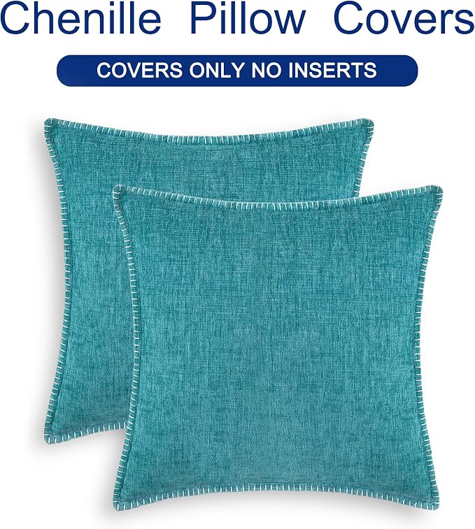 CaliTime Decorative Couch Throw Pillow Covers 24 X 24 Inches Lake Blue | Pack of 2, Cozy Chenille Cushion Cases, Cotton Thread Stitching Edges, for Sofa Bed Living Room Farmhouse