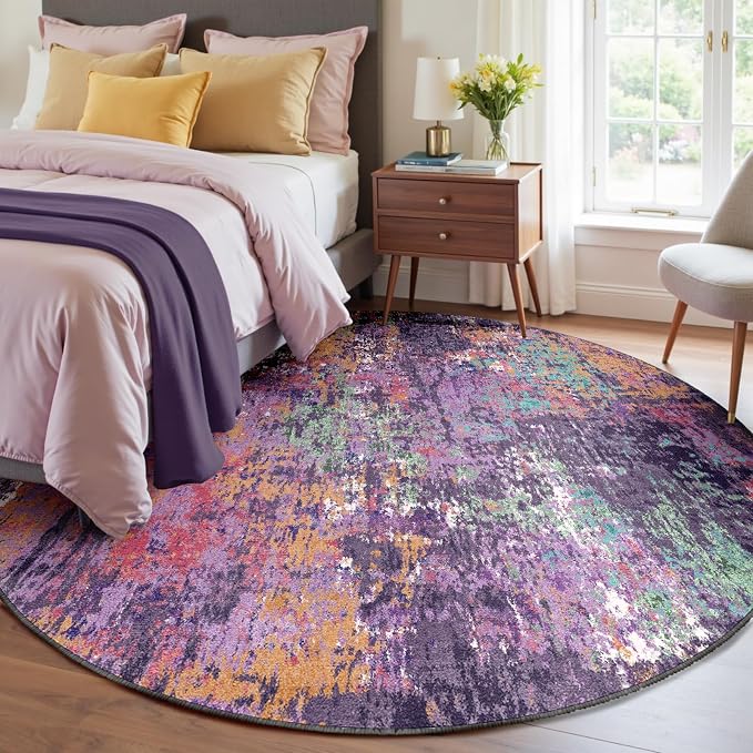 RELEANY Washable Round 8ft Area Rug for Living Room Purple Multi | carpet for bedroom, kitchen, office, hallway and entryway, printed pattern, non-slip, soft, stain-resistant, easy to clean