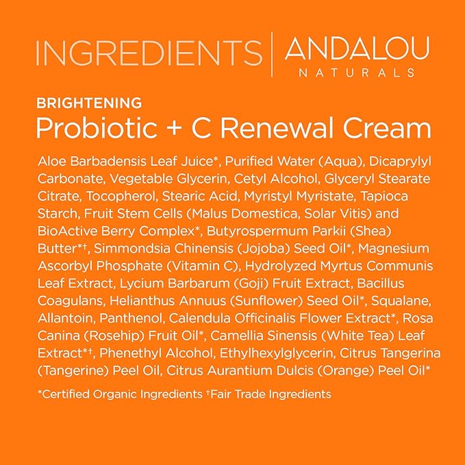Andalou Naturals Probiotic + Vitamin C Renewal Cream-Complexion Enhancing Hydrating Face Moisturizer-Helps Promote Firmer Skin&More Even Tone-Lightweight,Non-Greasy Formula-1.7 Oz,(Pack of 2)