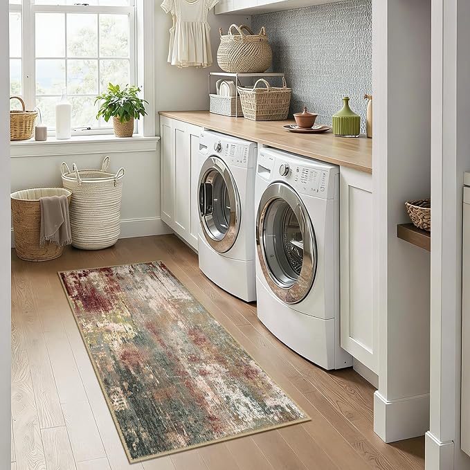 RELEANY Washable 2'x5' Abstract Area Rug for Living Room Rustic Brown | carpet for bedroom, kitchen, office, hallway and entryway, printed pattern, non-slip, soft, stain-resistant, easy to clean