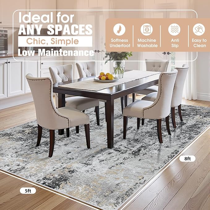 5x8 Area Rugs for Living Room Rug Washable: Abstract Rug for Dining Room Bedroom Carpet Non Slip 5 by 8 Indoor Modern Nursery Home Office Black Grey Gold