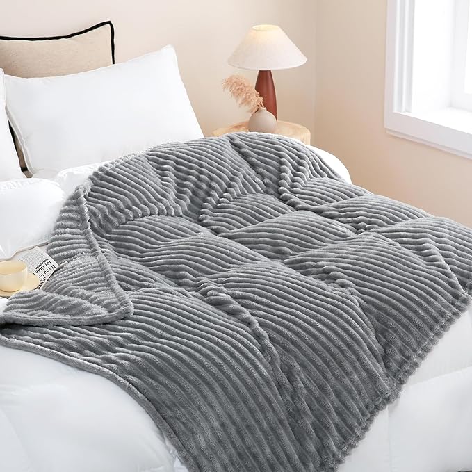 Grey Fleece Throw Blanket 60”×80” for Couch Sofa Livingroom | Super Soft Cozy Plush Microfiber Flannel Bed Blanket Striped Design Lightweight Home Decor Gifts for Adults Mom Women