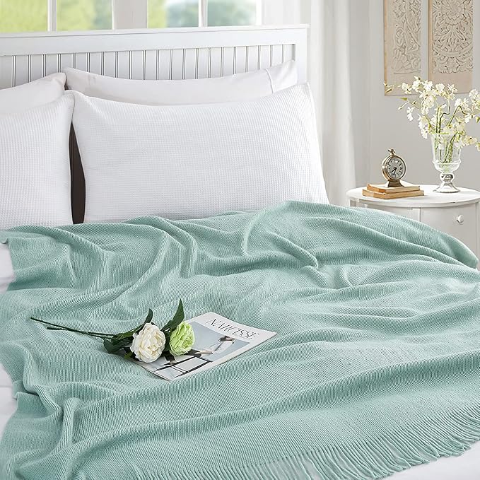 Homiest Light Green Knitted Throw Blanket with Fringe, 50x60 Inch | Pure Acrylic, Lightweight & Breathable, All-Season Use, Machine Washable, Wrinkle & Fade Resistant, for Couch Sofa And Bed