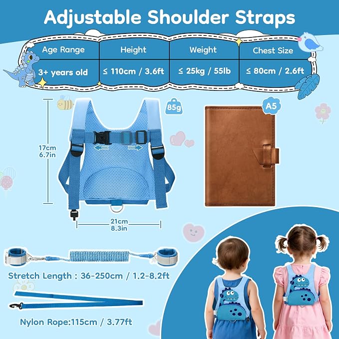 Dr.meter 3 in 1 Toddler Harness Leash + 8.2ft Anti Lost Wrist Link, Cute Dinosaur Kids Safety Harness with Key Lock, Child Walking Harness Assistant Strap for Outdoor Activity Travel