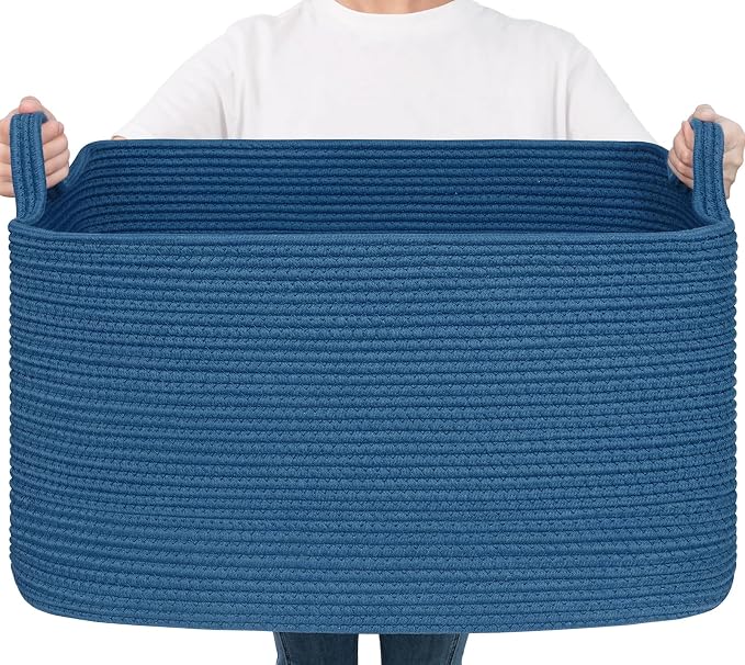 Goodpick Large Woven Rope Blanket Basket, Rectangle, Dark Blue | 21.6'' x 14.9'' x 11.8'' Storage Basket for Blankets & Toys, Living Room, Bedroom & Nursery Organization, Reinforced Handles