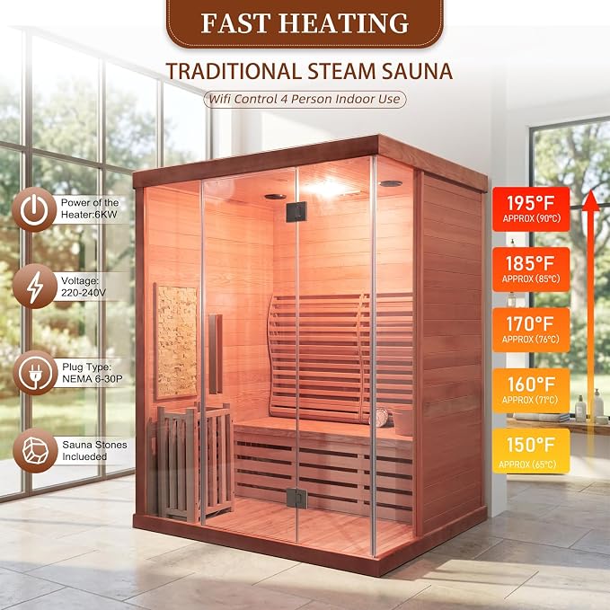 Smartmak Wood Home Traditional Steam Sauna, Wifi Control 4 Person Luxurious Indoor Canadian Red Cedar Wooden Spa Room, with 6 kw Heater, Backrest, Bluetooth Speaker, Rocks, Water Bucket, Spoon, Lights