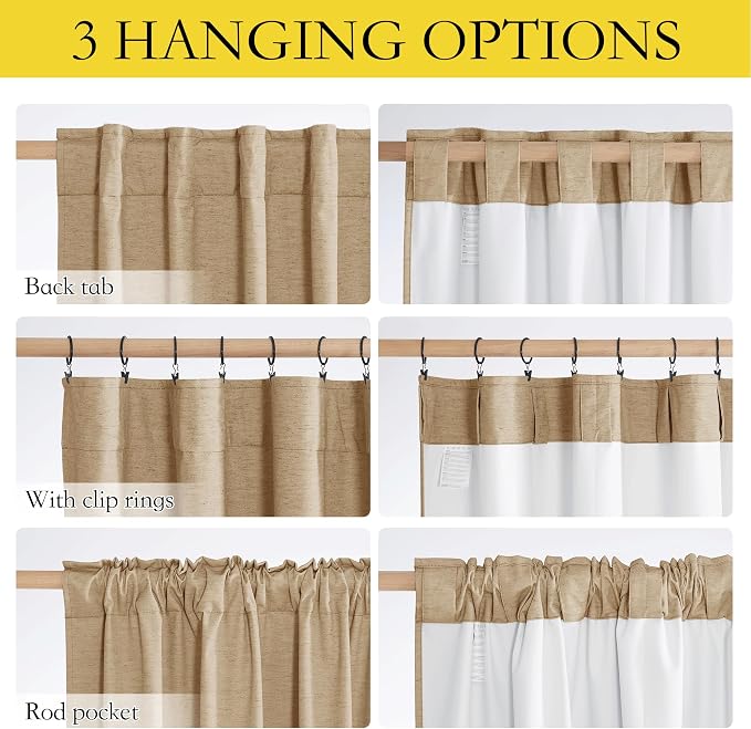 NICETOWN 100% Blackout Linen Curtains for Living Room with Thermal Insulated White Liner, Camel, 52" Wide, 2 Panels, 84" Long Drapes, Back Tab Retro Linen Curtains Vertical Drapes Privacy for Bedroom