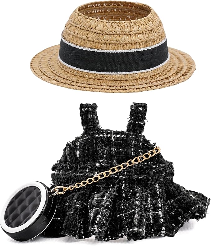 Doll Clothes for 17cm Dolls, Premium Handmade with Luxury Chic Style Set 3 Piece Set Including a Clothes, Black Bag and Straw Hat, High-End Dolls Accessories for Play & Display for Play & Display