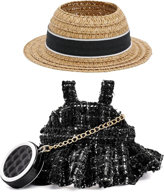 Doll Clothes for 17cm Dolls, Premium Handmade with Luxury Chic Style Set 3 Piece Set Including a Clothes, Black Bag and Straw Hat, High-End Dolls Accessories for Play & Display for Play & Display