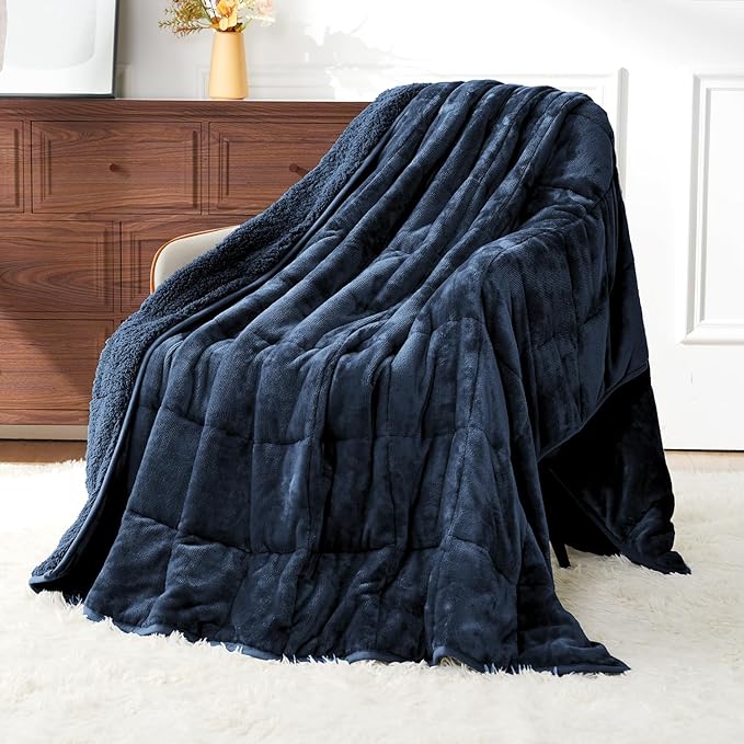 Uttermara Weighted Blanket for Adults, Twin Size 48 x 72 inches 12 lbs Heavy Blanket with Reversible Soft Shiny Velour Fleece and Cozy Warm Sherpa for Couch Bed, Calming and Relaxing, Navy Blue