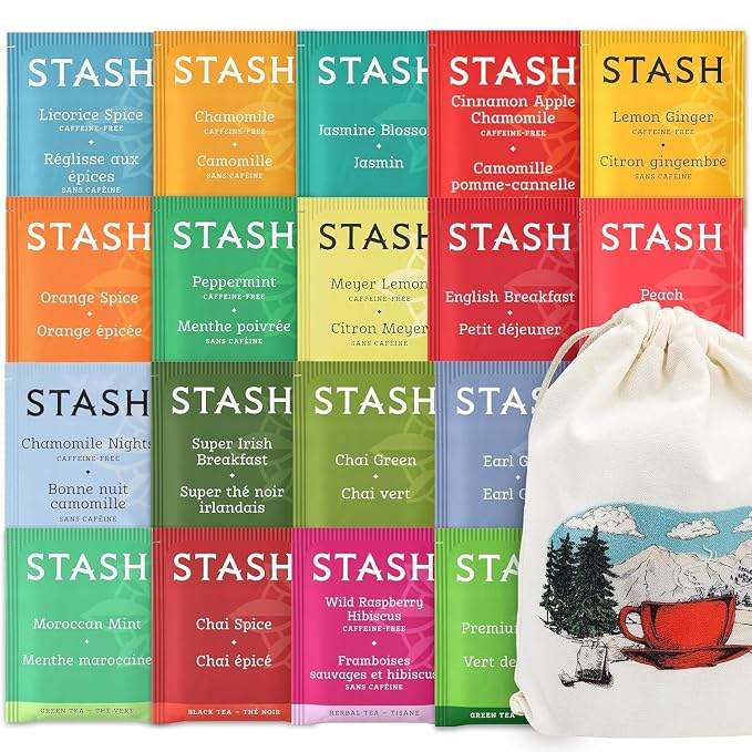 Stash Tea Bags Sampler Assortment Variety Pack 40 Tea Bags in Handmade Cotton Pouch | 18 Assorted Flavors Black Green Herbal Fruit Tea for Mom Dad Wife Husband Tea Lovers