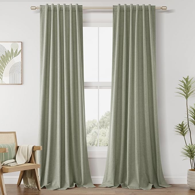 Sage Green 100% Blackout Linen Curtains 42 Inch Wide by 90 Inch for Living Room Bedroom Back Tab/Rod Pocket Thermal Insulated Black Out Drapes Room Darkening Farmhouse Window Curtains