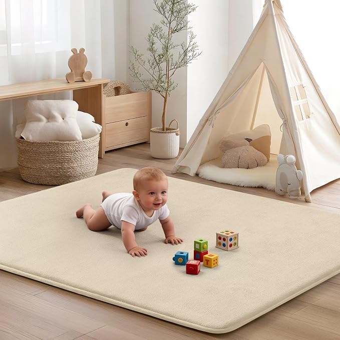 Baby Floor Play Mat Tummy Time Mat Thick 65"x50"Foam Padded Soft Activity Gym Playmat for Babies Infants,Beige