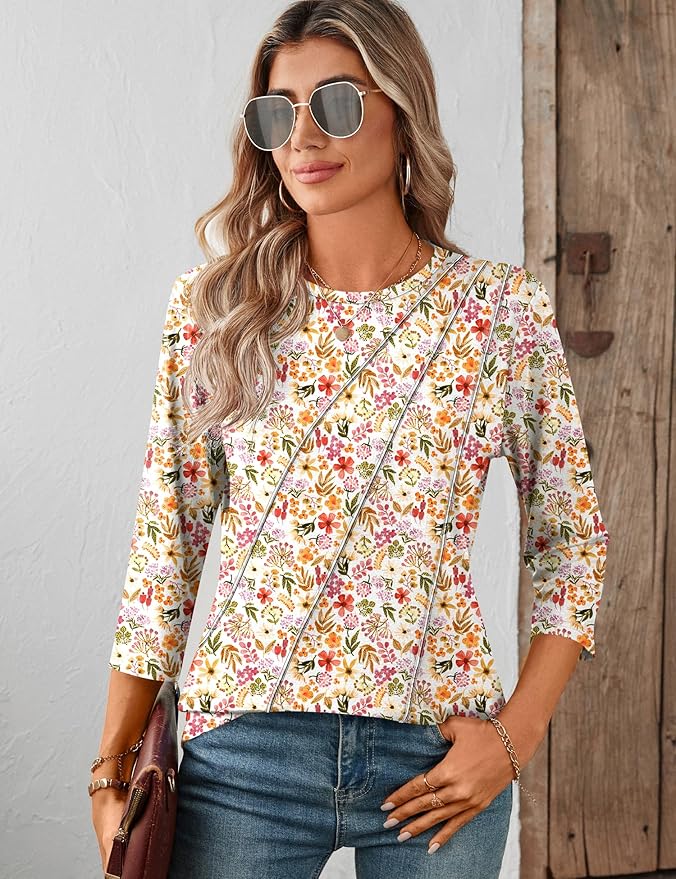 LOMON 3/4 Length Sleeve Womens Tops Spring Summer Fashion 2026 Tops Crew Neck Pleated Shirts Tunic Top Loose Fit