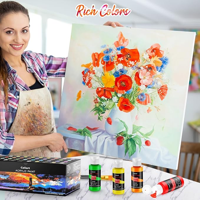 Caliart Acrylic Paint Set, 80 Colors (2oz/Bottle) with 12 Brushes, Art Craft Paints for Adults Artists Beginners Painters, Canvas Halloween Pumpkin Ceramic Wood Fabric Rock Painting Supplies Kit