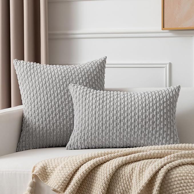 Kevin Textile Soft Corduroy 12"x20" Lumbar Pillow Cover 1 Pack, Light Grey | Boho Stripe Plush Corduroy Decorative Oblong Cushion Cover Modern Farmhouse Home Decor for Sofa Couch Bed Chair