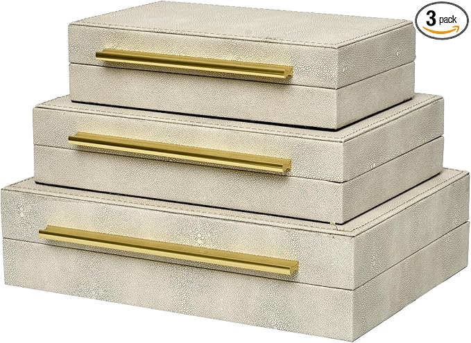 DECOR4SEASON Faux Shagreen Decorative Stackable Storage Boxes – Set of 3 | Jewelry Organizers with Gold Metal Handles & Velvet Lining, Modern Ivory White Box for Vanity, Entryway & Coffee Table Décor