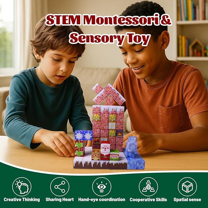 Magnetic Blocks - 150 PCS Magnets Block 3D Sensory Educational Interactive Building Toy Set for Toddlers Kindergarten Creative STEM Learning Gift, Magnet Tiles Construction Suit, Snow and Christmas